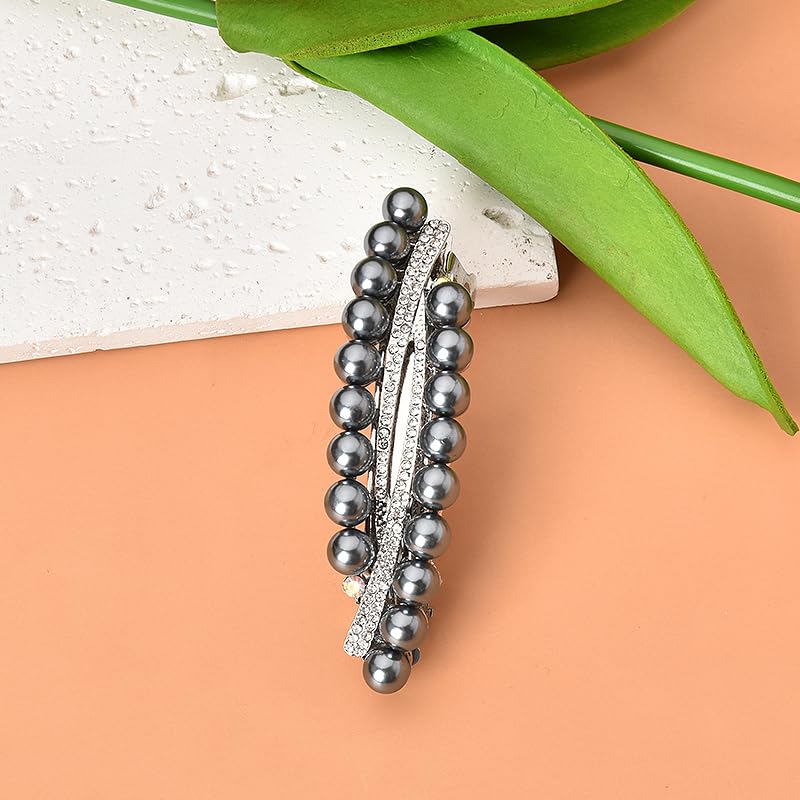 Kefley Gray Pearl Hair Clips Barrettes for Womens Hair Crystal Rhinestone Pearl Hair Barrettes Hairpins Clips for Hair Jewelry Pearl French Hair Accessories Ponytail Holder - Image 3